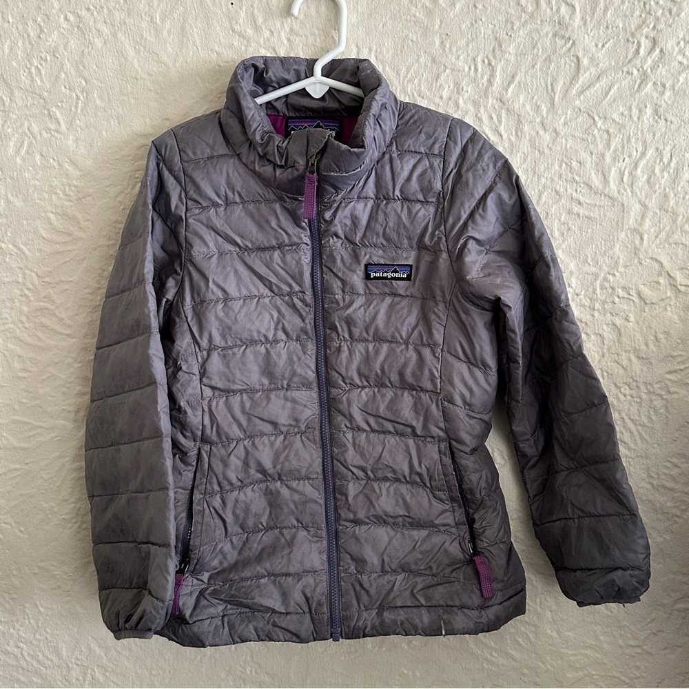 Patagonia Girls Down Sweater Insulated Jacket Coat Gray Purple Lined XS 5-6 Kids